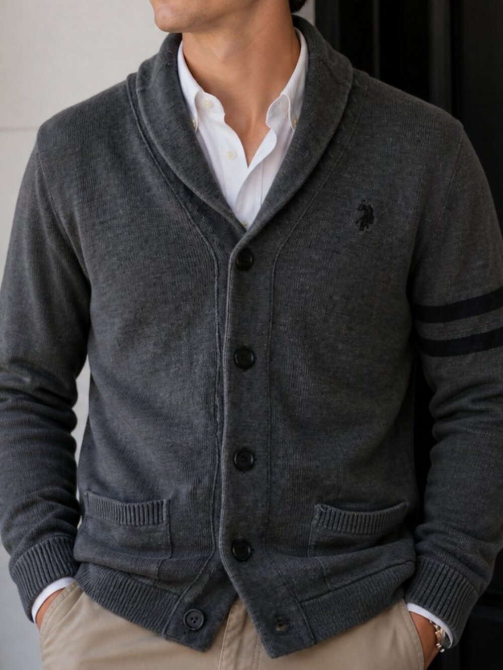 U.S. Polo Assn Men's Grey Shawl Cardigan Sweater Size Medium Varsity Preppy Y2K